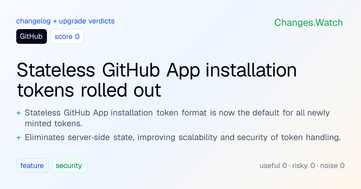 GitHub: Stateless GitHub App installation tokens rolled out · Changes.Watch